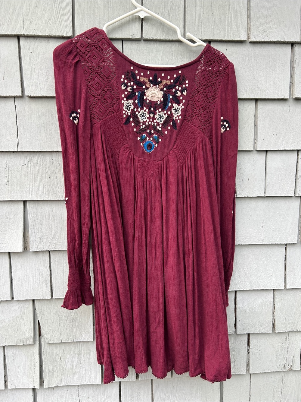 Free People Boho Embroidered Long-Sleeve Dress in Wine small - flowy- fall-